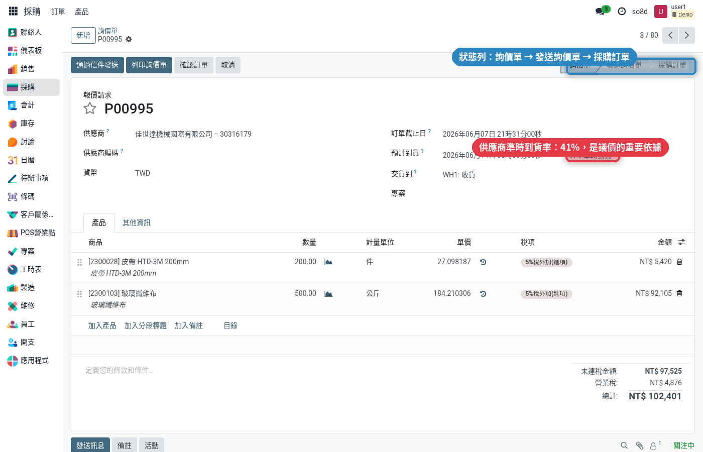 詢價單畫面,含供應商準時到貨率